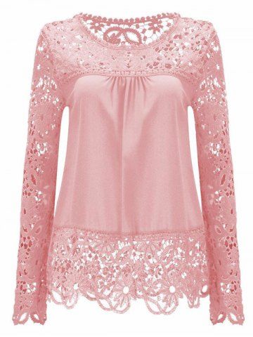 GET $50 NOW | Join RoseGal: Get YOUR $50 NOW!http://www.rosegal.com/blouses/solid-color-lace-spliced-hollow-out-blouse-606902.html?seid=6169770rg606902 Pink Lace Blouse, Pink Lace Tops, Lacy Tops, Floral Lace Tops, Chiffon Long Sleeve, Mein Style, Plus Size Womens Clothing, Chiffon Lace, Pink Blouse