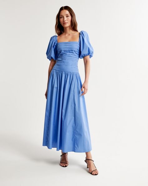 Women's Clearance | Abercrombie & Fitch Mismatched Bridesmaid Dresses Blue, Mismatched Bridesmaids, Mismatched Bridesmaid Dresses, Blue Bridesmaid Dresses, American Clothing, Maxi Dress With Sleeves, Drop Waist, Poplin Fabric, Womens Maxi Dresses