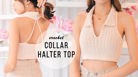 Quick Crochet Top, Halter Top Tutorial, Halter Neck Top Pattern, Collar Halter Top, Crochet Tank Top Free Pattern, Tank Top Free Pattern, Chenda Diy, Corset Halter Top, Crochet Tank Top Free