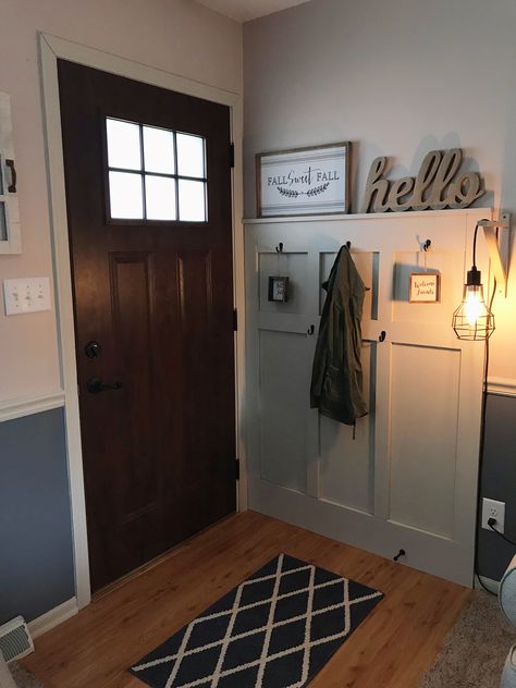 Home Doorway Entryway, Single Wide Entry Way, Space Behind Front Door Entryway, Wall Next To Door Decor, Behind Door Entryway Small, Small Entryway Behind Door, Behind Front Door Decor Small Spaces, Front Door Opens To Stairs Entry Ways, Behind Door Entryway Ideas