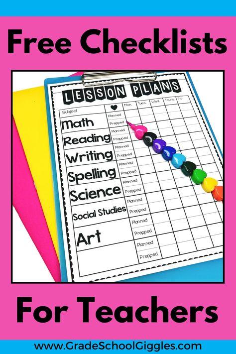 Checklists help with classroom management and organization. That's why every teacher needs these 7 free printable checklists. Whether it's your first year teaching or your tenth, checklists are a tool that makes it easy to track things like the standards you've covered, the prep you'll need to do as you write your lesson plans, important daily and weekly to-do lists, which kids have completed individual assessments or mastered specific learning goals. Get the template and make organizing easy. First Year Teacher Checklist, First Year Teacher, Teacher Checklist, Teacher Needs, First Year Teaching, Writing Plan, First Year Teachers, Free Checklist, Free Teacher