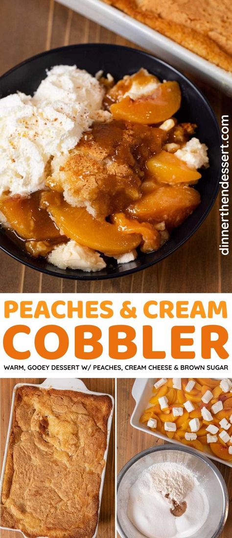 Peaches and Cream Cobbler is an easy creamy, gooey twist on peach cobbler recipe. Made with frozen peaches, cream cheese, brown sugar, vanilla, and butter. #dessert #cobbler #peaches #peachcobbler #dinnerthendessert Peach Cobbler With Cream Cheese Recipes, Peaches And Cream Cobbler, Peaches Cream Cheese, Cream Cheese Recipes Dessert, Recipes Using Cream Cheese, Fresh Peach Cobbler, Cobbler Easy, Peach Dessert Recipes, Cream Cheese Desserts