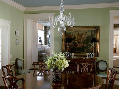 Traditional Dining-rooms from Julia West on HGTV French Country Living Room Colors, Green Room Colors, Dining Room Decor Traditional, Breakfast Room Green, Round Wood Table, Blue Ceiling, Light Green Walls, Clear Glass Chandelier, Green Dining Room