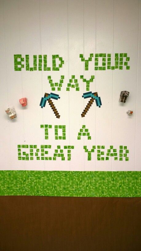 Minecraft Bulletin board I did for my classroom Minecraft Classroom Door, Minecraft Classroom Decorations, Minecraft Bulletin Board Ideas, Minecraft Classroom Ideas, Minecraft Bulletin Board, Minecraft Hallway, Minecraft Classroom, Construction Classroom, Computer Lab Decor