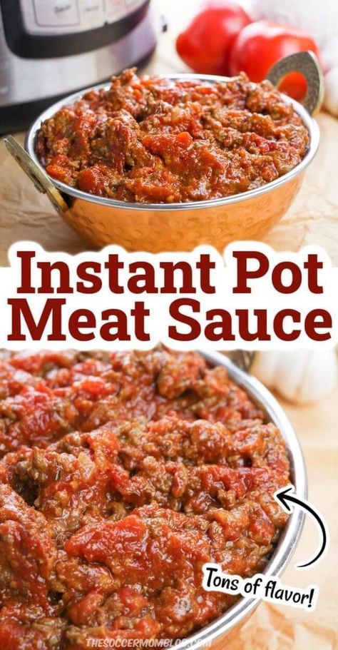 This easy Instant Pot spaghetti sauce from The Soccer Mom Blog is ready in 30 minutes, but tastes like it has been cooking all day! If your family loves spaghetti night, this tasty meat sauce is sure to be a hit! And it’s quick enough for busy weeknights! Try this quick and easy instant pot recipe today! Spaghetti Sauce Instant Pot, Instant Pot Meat Sauce, Instant Pot Meat, Instant Pot Spaghetti Sauce, Easy Instant Pot Spaghetti, Ground Beef Spaghetti Sauce, Pressure Cooker Spaghetti, Pressure Cooker Pasta, Best Spaghetti Sauce