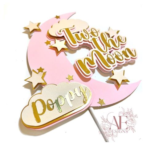 Pink moon cake topper with gold cream and pink layered stars and clouds, with the words two the moon in the middle Two The Moon Cake Topper, Two The Moon Cake, Moon Cake Topper, Bunny Cake Topper, Old Cake, Moon Bunny, Two The Moon, Bunny Cake, Return Gift