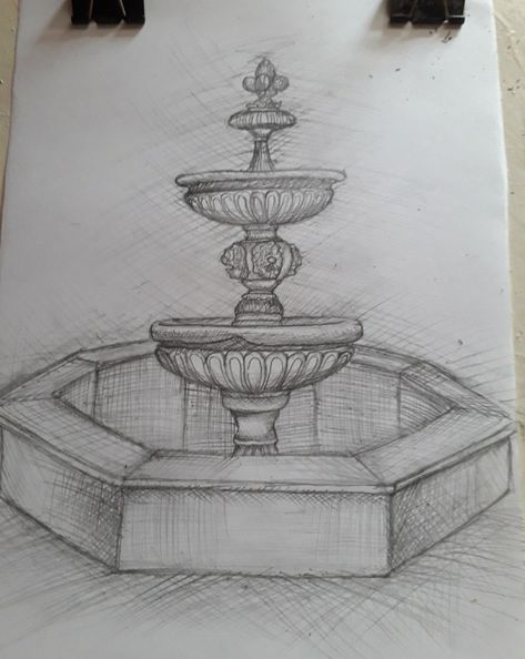 Fountain Drawing Sketching, Outside Drawings Easy, Water Fountain Drawing Easy, How To Draw A Fountain, Architecture Drawing Simple, Fountain Drawing Easy, Easy Architecture Drawing, Castle Drawing Sketches, Drawing Vintage Aesthetic