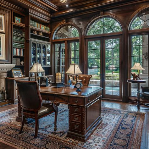 Private Office and Study in Jeff Foxworthy's Atlanta Home Master Office Design, Wood Office Aesthetic, Billionaire Office Aesthetic, Dark Wood Study Room, Mansion Office Room, Wooden Office Design, Home Office Dark Wood, Home Office With Library, Warm Office Decor