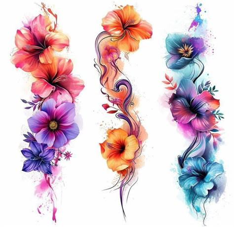 Watercolor Flowers Tattoo, Bright Flower Tattoos, Watercolor Tattoos For Women, Kids Names Tattoo, Tattoo Ideas Family, Tattoo For Hand, Watercolor Flower Tattoo, Cassava Roots, Delicate Feminine Tattoos