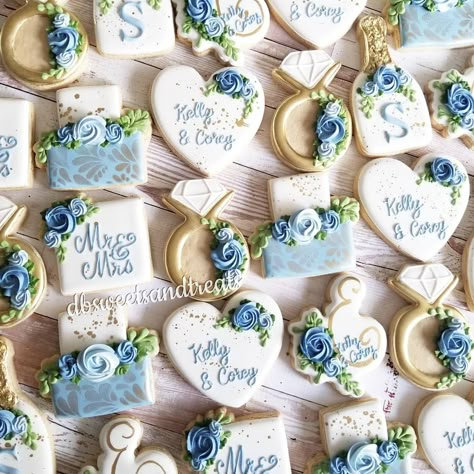 Wedding Cookies Blue Wedding Cookies Decorated, Dusty Blue Wedding Cookies, Something Blue Cookies, Wedding Shower Decorated Cookies, Wedding Cookies Ideas Decorated, Blue Bridal Shower Cookies, Blue Wedding Cookies, Wedding Decorated Cookies, Decorated Wedding Cookies