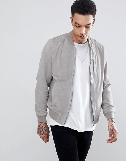 AllSaints Bomber Jacket In Light Gray Suede Grey Jacket Outfit Men, Grey Jacket Outfit, Black Leather Jacket Men, Leather Flight Jacket, Jacket Ideas, Mens Outdoor Jackets, Hipster Mens Fashion, Jacket Outfit, Mens Casual Outfits