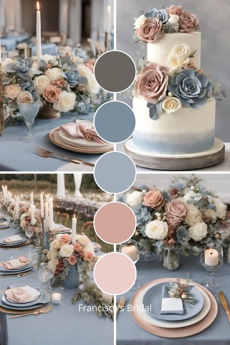 Dusty Rose Color Scheme Wedding, Fall Colour Wedding Theme, Dusty Blue Navy And Blush Wedding, Colors For June Wedding, Dusty Rose Theme Wedding, Wedding Colors Schemes Winter, Spring Palette Wedding, Winter Wedding Color Palette Blue, Trendy Wedding Colors 2024