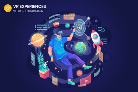 Vr Illustration Graphic Design, Vr Illustration, Vr Experience, Envato Elements, Flat Illustration, Virtual Reality, Banner Design, Science Poster, Concept Design