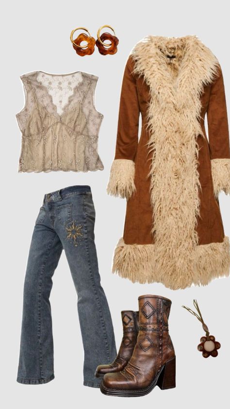 Daisy jones inspired outfit #outfitinspo #daisyjonesandthesix #daisyjones #70s Country Rockstar Outfit, 70s Fashion Stevie Nicks, 70s Female Outfits, Daisy Jones Outfit Inspiration, Boho Outfits 70s, 70s Western Outfits Women, Y2k 70s Style, Daisy Jones Fashion, Boho Winter Clothes