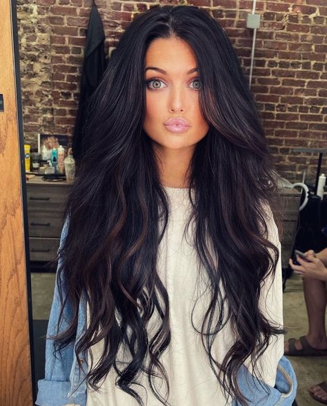 Black Color Hairstyles Long Hair, Long Dark Brown Hair With Dimension, Dark Hair Melt, Long Black Hair Outfits, Black Hair With Depth, Dark Dark Purple Hair, Dark Brown Hair With Extensions, Dark Hair Dimension, Long Dark Layered Hair