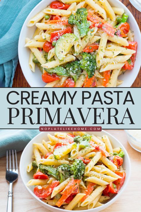 Easy Pasta With Veggies, Red Sauce Pasta With Veggies, Vegetarian Pasta Primavera, Pasta With Zucchini And Peppers, Creamy Pasta Primavera Recipes, Pasta Primavera Recipes Healthy, Vegetables Pasta Recipes, Sweet Pepper Pasta, Creamy Veggie Pasta