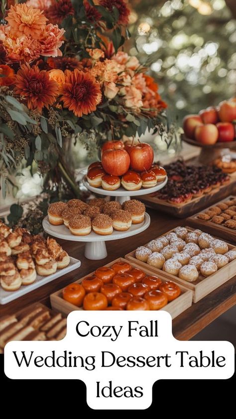 Create a cozy fall dessert table with seasonal treats like apple cider donuts, pumpkin pie bites, and caramel-dipped apples. Use rustic decor like wooden trays, burlap accents, and warm-toned flowers for a welcoming touch. Add spiced cookies and nutty desserts like pecan pies to complete the setup. Embrace the rich flavors of fall with a dessert table that will impress your guests. Plan your fall-inspired dessert table today for a memorable celebration. Fall Dessert Tray Ideas, Wedding Table Treats, Burnt Orange Wedding Dessert Table, Thanksgiving Dessert Table Decoration, Fall Wedding Food Table, Dessert Board Wedding, Autumn Dessert Table, Cider Donuts Wedding, Fall Baby Shower Dessert Table