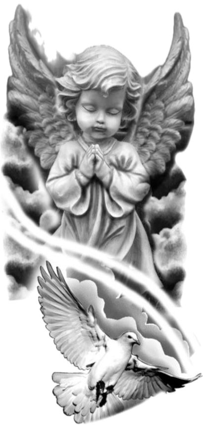 Cherubim Angels Tattoo, Cherub Tattoo Designs, Dark Angel Tattoo, Angel Sleeve Tattoo, Guardian Angel Tattoo Designs, Portrait Tattoo Sleeve, Arm Tattoos Drawing, Guardian Angel Tattoo, Aztec Artwork