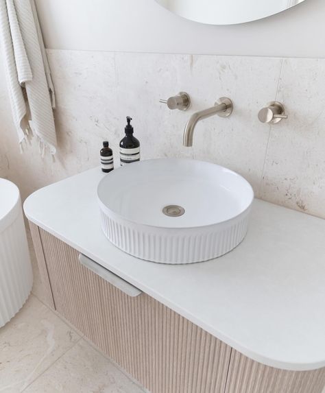 Elevate your bathroom oasis with our timeless vanity collection Beauty and functionality meet seamlessly in this stunning piece. 🛁✨ Shop in-store or online today ! ✨ PS. We ship Australia wide ! #bathroomreno #bathroomware #bathroominspiration #freestandingbath #bathroomrenovation Timeless Vanity, Curved Vanity, Beach House Bathroom, Bathroom Oasis, V Groove, Inset Basin, Cabinet Finishes, Beach House Design, Bathroom Inspo