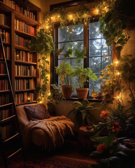 ✨🌱 Credit: @cozywonderspots . . . . . These imaginary scenes were created with the help of various programs 🫶🏻 . #readingnook #timetoread… | Instagram Earthy Reading Nook, Moody Reading Nook, Cottage In The Woods Aesthetic, Room Inspo Dark, Reading Nook Aesthetic, Reading Room Ideas Cozy, Reading Corner Ideas, Cozy Nook Ideas, Cozy Book Nook