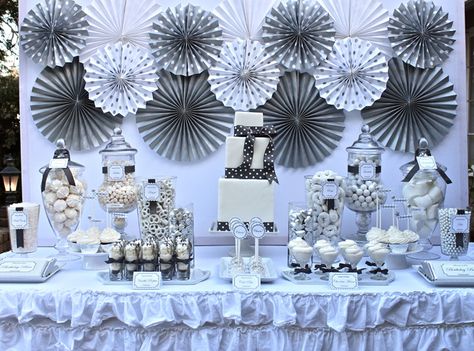 Desserts, Design, & Printables: Jenny Raulli- Bloom Designs & Bloom Designs Shop  Paper Fans: Party City Silver Candy Buffet, White Dessert Tables, Celebration Desserts, Dessert Design, Winter Party Themes, 25th Anniversary Party, 25th Birthday Parties, Winter Birthday Parties, Anniversary Party Decorations