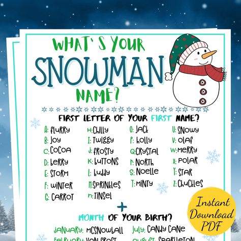 What's YOUR SNOWMAN NAME? - Printable Winter Season Party Activity - Fun Winter Activity for Family, Classrooms, Snow Days - Snowman Name Snowman Names, Snowman Name, Activity For Family, Winter Reading, Snow Party, Break Ideas, Fun Winter Activities, Winter Activity, Snow Days