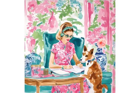 Not Distracting My Human in Any Way Preppy Whimsical - Etsy UK Vintage Lilly Pulitzer Prints, Modern Chinoiserie, Lilly Pulitzer Prints, Whimsical Watercolor, Whimsical Paintings, Girl Posters, Cardboard Tube, Cute Dog, Dog Art