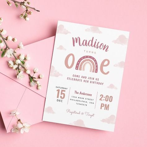 $2.92 | Modern Pastel Pink Rainbow Clouds First Birthday #first birthday, rainbow, pastel pink, clouds, soft pink, boho, whimsical, girly, chic, pink rainbow First Birthday Invitation Card Template, Pastel Rainbow 1st Birthday, Pastel Pink Rainbow, Rainbow First Birthday, Rainbow Birthday Invitations, Rainbow Invitations, Birthday Invitation Card, Rainbow Clouds, 1st Birthday Party Invitations