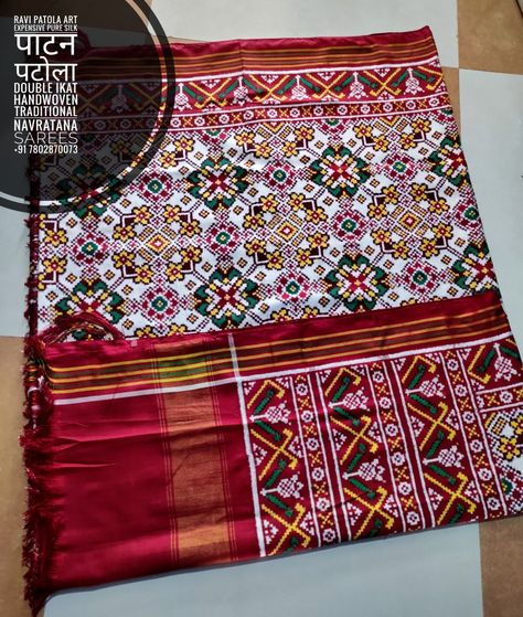 Ikat Patola Sarees, White Patola Saree, Patola Blouse Design Work, Patola Sari, Sari Designs, Marriage Clothes, Patola Design, White Sari, Tassels Designs