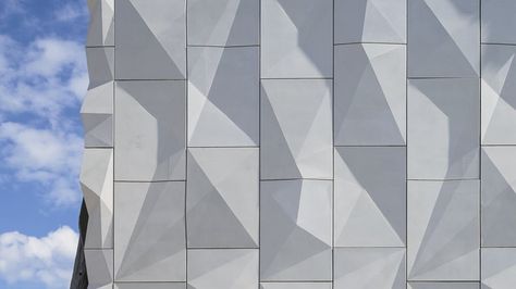 Kuopio City Theatre Concrete Panels Facade, Gfrc Facade Panels, Precast Concrete Facade, Concrete Panel Facade, Precast Concrete Panels, Origami Architecture, Exterior Wall Cladding, Facade Panel, Metal Facade