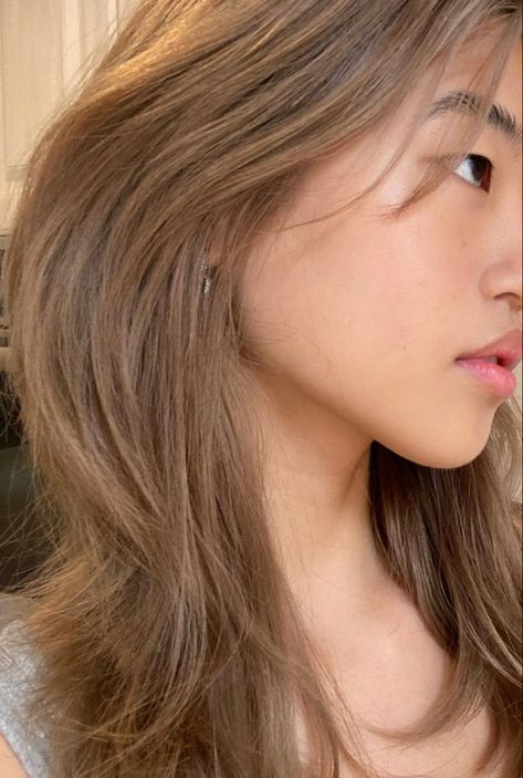 Cute Hair Colors Asian, Hojicha Hair Color, Strawberry Blonde On Asian Hair, Chestnut Brown Hair Korean, Light Brown Hair Filipino, Cool Tone Beige Hair, Hair Dye For Asians, Caramel Brown Hair Asian, Honey Brown Asian Hair