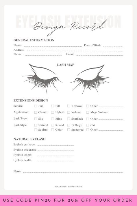 Lash Client Record, Client Record Book, Tech Inspiration, Eyelash Technician, Skin Aesthetics, Business Printables, Nail Salon Decor, Business Basics, Printable Business Cards