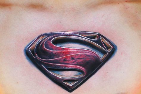 Silver and metal colored Superman tattoo Super Hero Tattoos, Superman Tattoo, Pectus Excavatum, Superman Tattoos, Hero Tattoo, Superman Wallpaper, Flame Tattoos, Military Tattoos, Daisy Tattoo