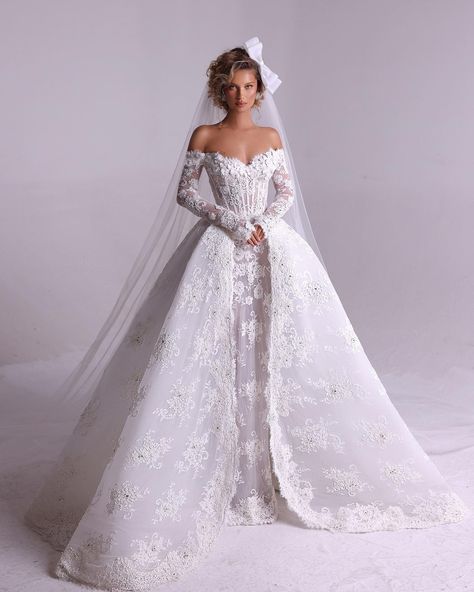 Hugged by the lace, the off-shoulder neckline highlights a sensual and fitted corset, adding the timeless touch for @drenushaxharrabridal… | Instagram Wedding Dress Long Sleeve Mermaid, Lace Wedding Dress Long Sleeve, Bohemian Beach Wedding Dress, Long Sleeve Mermaid Wedding Dress, Removable Skirt, Shoulder Dresses, Long Sleeve Wedding Dress Lace, Off Shoulder Dresses, Wedding Gowns Mermaid