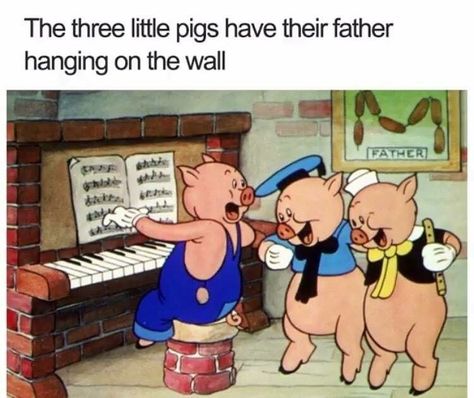 Three little pigs father ... is hanging on the wall.... as sausage!! Cartoon Logic, Performance Marketing, Three Little Pigs, Little Pigs, Funny Cartoon, Disney Movies, Pigs, Dankest Memes, Logic