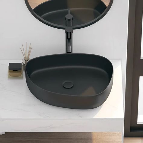 Zermatt 22" x 16'' Vitreous China Oval Bathroom Vessel Sink Bathroom Setup, Pedestal Sink Bathroom, Black Bathroom Sink, Rectangular Vessel Sink, Bathroom Sink Tops, Round Bathroom, Matte Black Bathroom, Pedestal Sinks, Vessel Sink Faucet