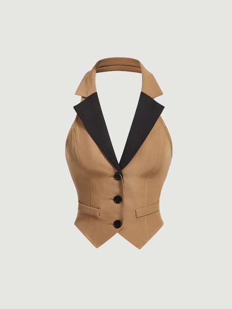 Brown Sexy Collar Sleeveless Woven Fabric Colorblock vest Embellished Non-Stretch  Women Clothing Vest Outfits For Women, Fitted Vest, Mode Grunge, Women Blazers, Woman Vest, Vest For Women, Vest Tops, فستان سهرة, Vest Blazer