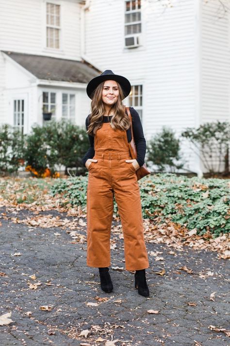 the cutest little fall overalls I’ve ever seen. Overall Outfits Fall, Overalls Outfit Fall, Jumpsuit Outfit Fall, Fall Overalls, Overalls Fall, Church Outfit Fall, Brown Overalls, Maxi Dress Outfit Fall, Overalls Outfits