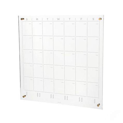 Russell + Hazel Acrylic Clear Monthly Calendar | The Container Store Posh Office, Clear Dry Erase Board, Mail Station, Organization Goals, Hardware Organizer, Glam Office, Brass Polish, Monthly Layout, Brass Wall Hook