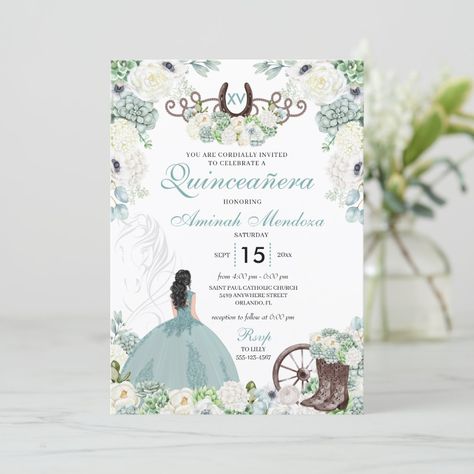 Light Blue Princess Dress, Invitations Quinceanera, Mint Green Flowers, Quinceanera Invitation, Sage Green Floral, Princess And The Frog, Quinceanera Invitations, Blue Birthday, 15th Birthday