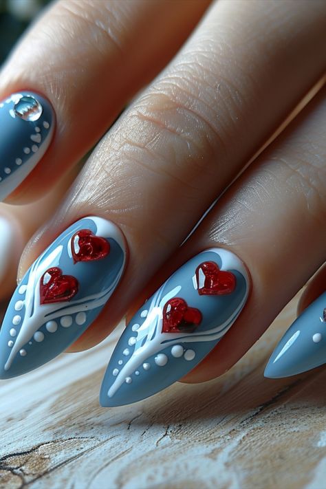 Valentines Day Nails 2024 Blue Valentines Day Nails, Blue Valentines Nails, Blue Valentine Nails, Valentines Nails Blue, Unique Nail Designs, Art Tricks, Valentines Day Nails, Finger Paint, Blue Valentine