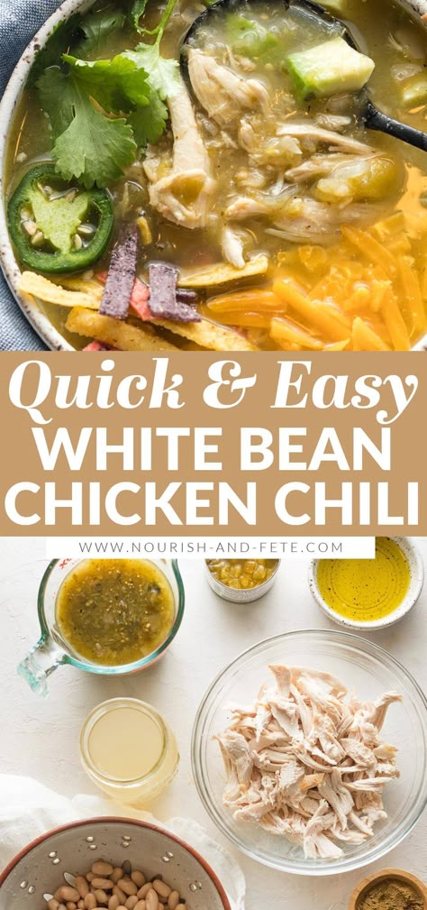 The best White Bean Chicken Chili you'll ever eat! Healthy and flavorful, packed with tender chicken, creamy cannellini beans, and a simple yet irresistible base of salsa verde and green chiles. It's highly adaptable and unbelievably easy to make in less than 30 minutes. Freezes well, too! Best White Bean Chicken Chili, White Chicken Chile, Easy White Chili, Easy White Bean Chicken Chili, Green Chili Chicken Soup, Green Chili Soup, White Bean Chili Recipe, Chicken Chili Verde, Chicken Recipes Pasta