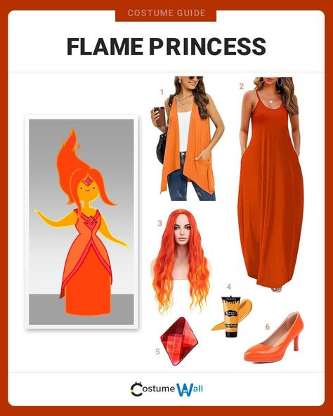 Flame Princess Costume Flame Princess Costume, Flame Elemental, Fire Wig, Fire Kingdom, Sundress Long, Orange Sundress, Prince Gumball, Got Costumes, Costume Guide