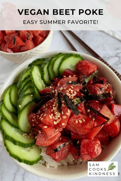 This Vegan Beet Poke is inspired by the classic Hawaiian Dish! This easy dish features tender beets marinated in a simple, fishy and delicious marinade. Delicious eaten alone or over rice to make your own poke bowl at home! Beet Poke, Vegan Caesar Salad, Vegan Caesar, Hawaiian Dishes, Fresh Beets, Toasted Sesame Seeds, Poke Bowl, Sushi Rice, Meal Prepping