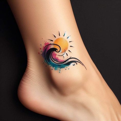 Color Wave Tattoo, Sunset Tattoos, Ankle Tattoos For Women, Foot Tattoos For Women, Tattoos For Women Flowers, Tasteful Tattoos, Arm Band Tattoo, Waves Tattoo, Time Tattoos