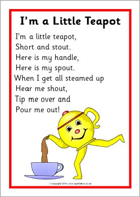 I’m a Little Teapot song sheet (SB10801) - SparkleBox                                                                                                                                                     More Rhyming Preschool, Preschool Poems, Nursery Rhymes Poems, Ingles Kids, Rhymes Lyrics, Nursery Rhymes Lyrics, Nursery Rhymes Preschool, Nursery Rhymes Activities, Circle Time Songs