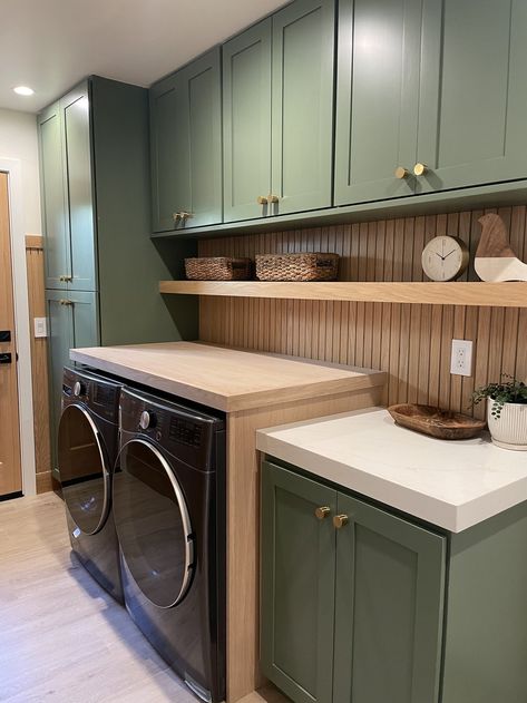 Green And Timber Laundry, Green And Brown Laundry Room, Laundry Green Cabinets, Laundry Room Ideas Green Cabinets, Sage Green Laundry Room Cabinets, Sage Green Laundry Room Walls, Laundry Room Ideas Green, Laundry Room Green Cabinets, Green Laundry Room Walls