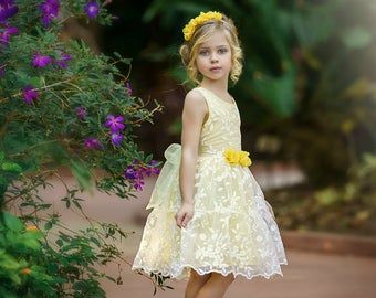 Yellow Sunflower Flower Girl Dress Yellow Dress Lace Dress | Etsy Yellow Flower Girl Dresses, Rustic Flower Girl, Rustic Flower Girl Dress, Lace Flower Girl Dress, Easter Wedding, Rustic Flower Girls, Yellow Lace Dresses, Sunflower Dress, Girls Lace Dress