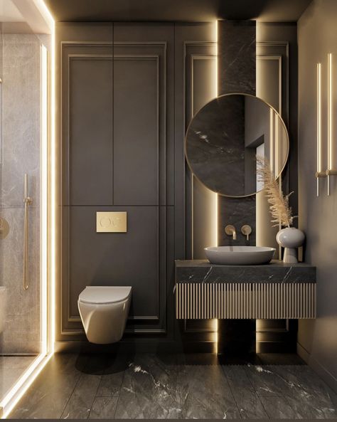 Luxury Downstairs Toilet, Powder Toilet Design Luxury, Powder Room Luxury, Luxury Washroom Design, Luxury Toilet Design, Luxury Washroom, Beautiful Small Bathroom Designs, تصميم دورة مياه, Luxury Powder Room