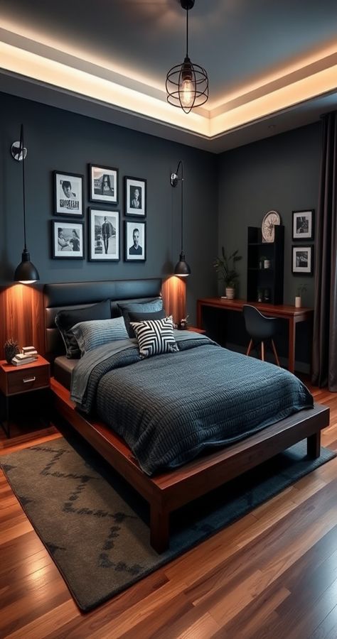 diy and home decoration ideas Small Men Room Ideas, Small Men’s Bedroom, Masculine Bedroom Colors, Young Men Room Ideas Bedrooms, Mens Bedroom Aesthetic, Adult Boys Bedroom Ideas, Men’s Room, Slate Bedroom, Modern Men’s Bedroom